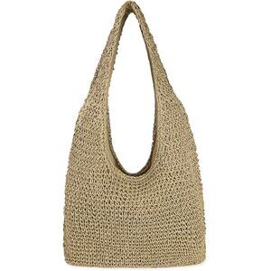 Women's Light Khaki Large Straw Beach Handmade Woven Shoulder Hobo Tote Handbag